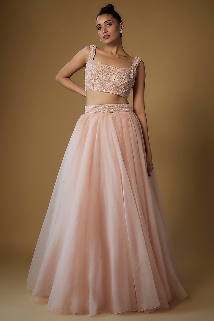 Pink Tulle & Silk Organza Embellished Skirt Set by Sharnita Nandwana at Pernia's Pop Up Shop