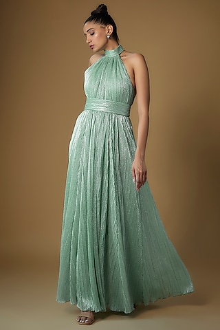 Green Shimmer High-Collar Neck Gown by Sharnita Nandwana