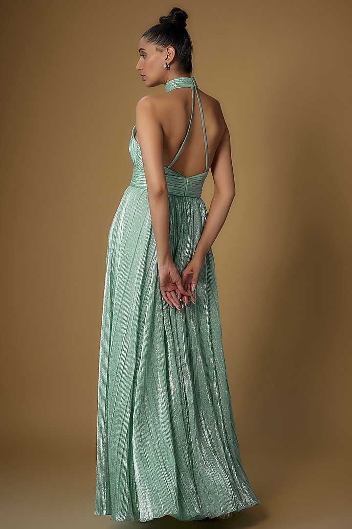 Green Shimmer High-Collar Neck Engagement Gown by Sharnita Nandwana at Pernia's Pop Up Shop