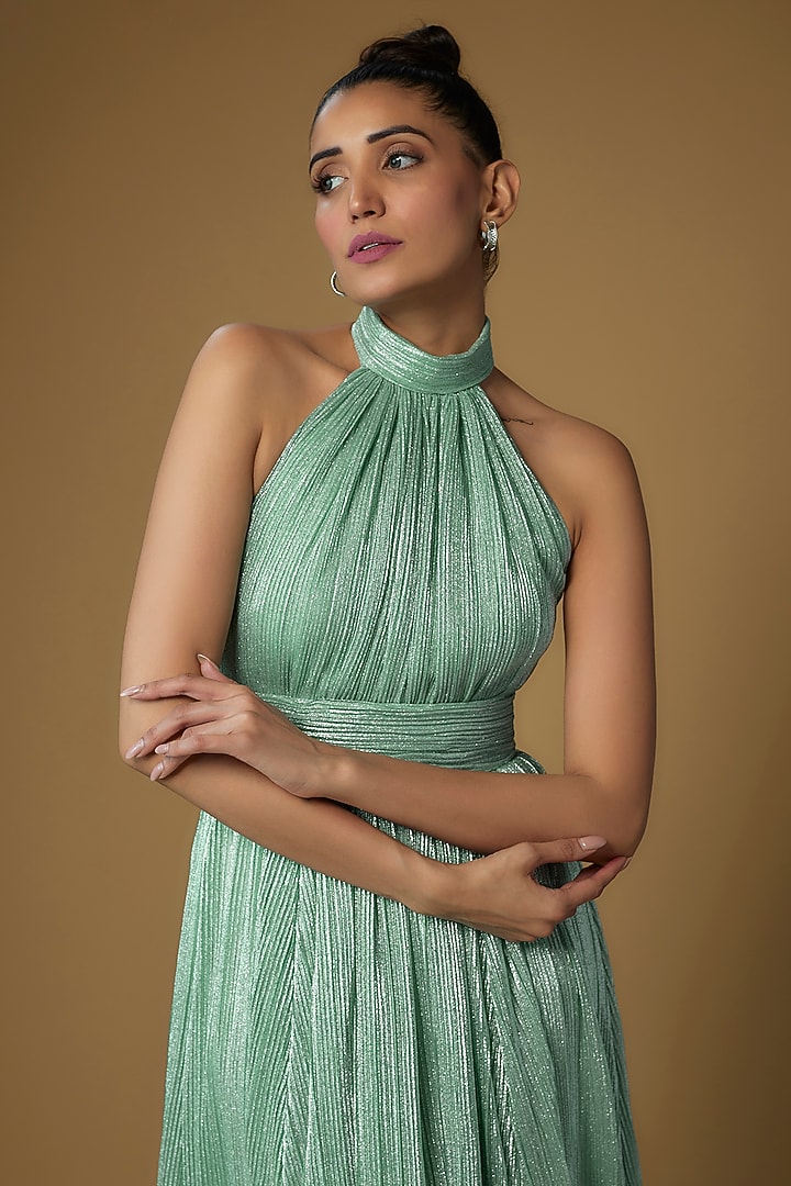Green Shimmer High-Collar Neck Engagement Gown by Sharnita Nandwana at Pernia's Pop Up Shop