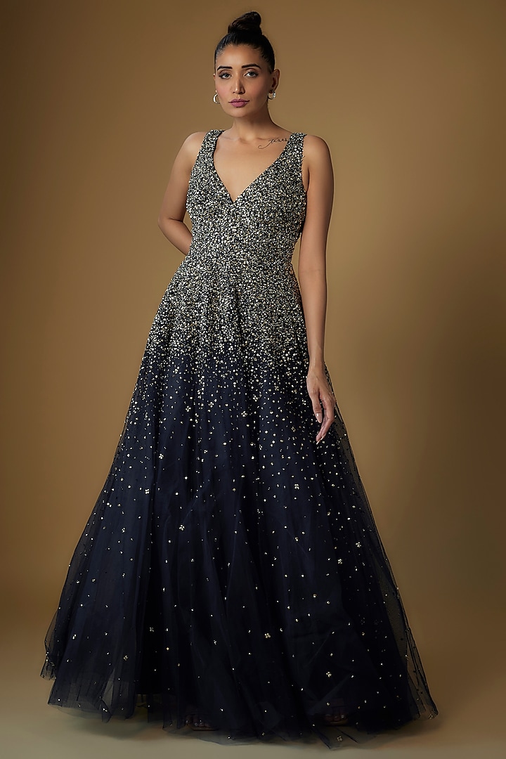 Blue Tulle Embroidered Ball Gown by Sharnita Nandwana