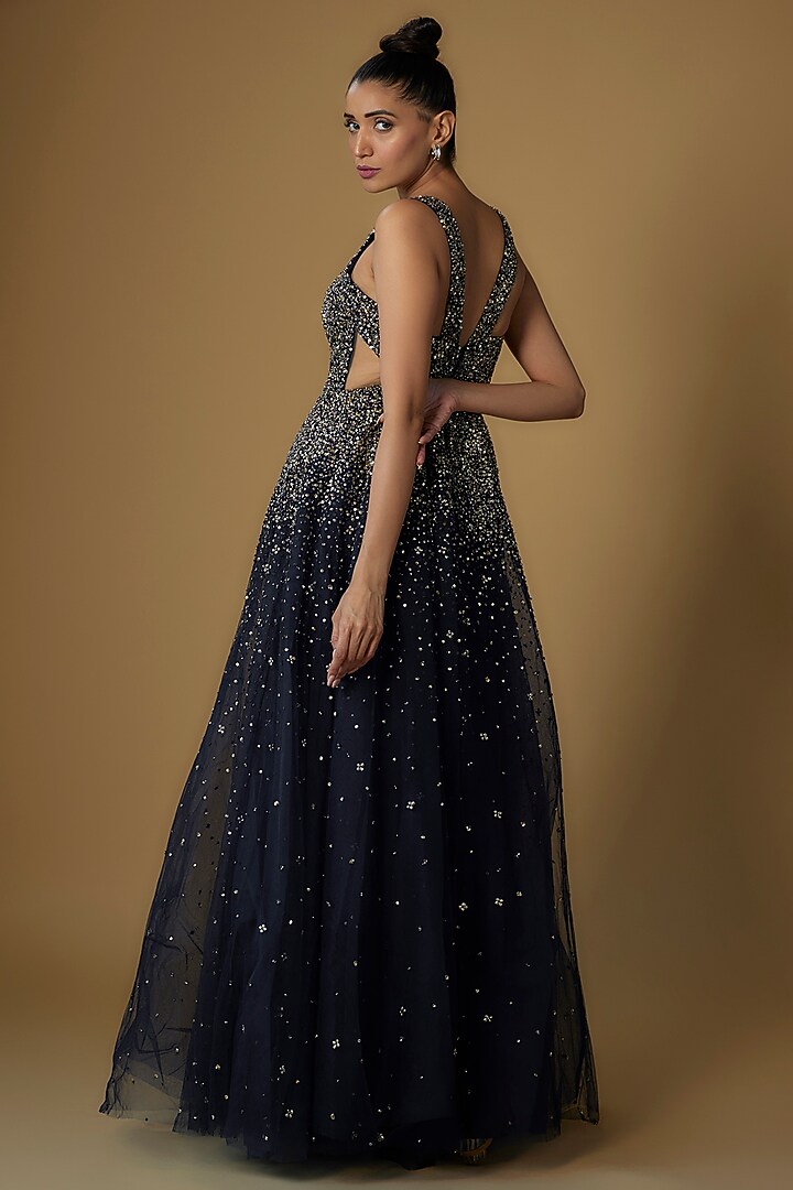 Blue Tulle Embroidered Ball Bridal Gown by Sharnita Nandwana at Pernia's Pop Up Shop