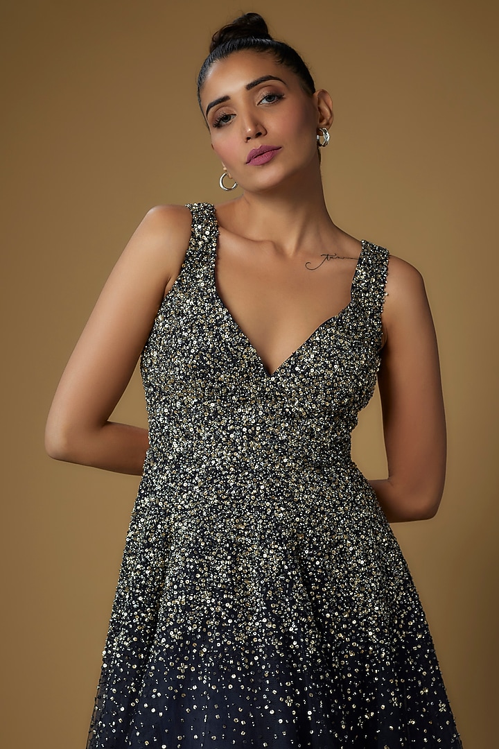 Blue Tulle Embroidered Ball Bridal Gown by Sharnita Nandwana at Pernia's Pop Up Shop