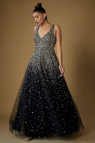 Black Tulle Embroidered Ball Gown by Sharnita Nandwana