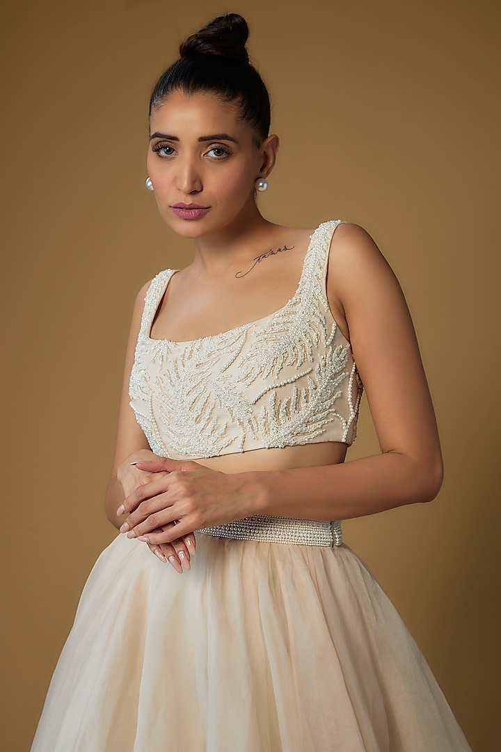 Ivory Tulle & Silk Organza Embellished Skirt Set by Sharnita Nandwana at Pernia's Pop Up Shop