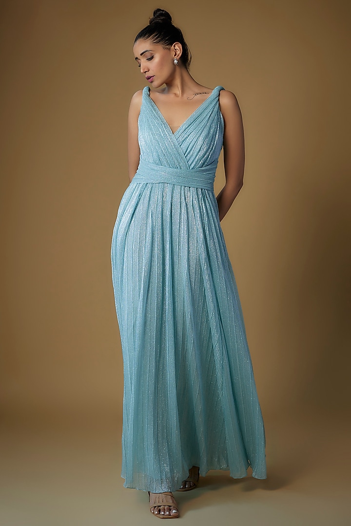 Blue Micro-Pleated Shimmer Gown by Sharnita Nandwana