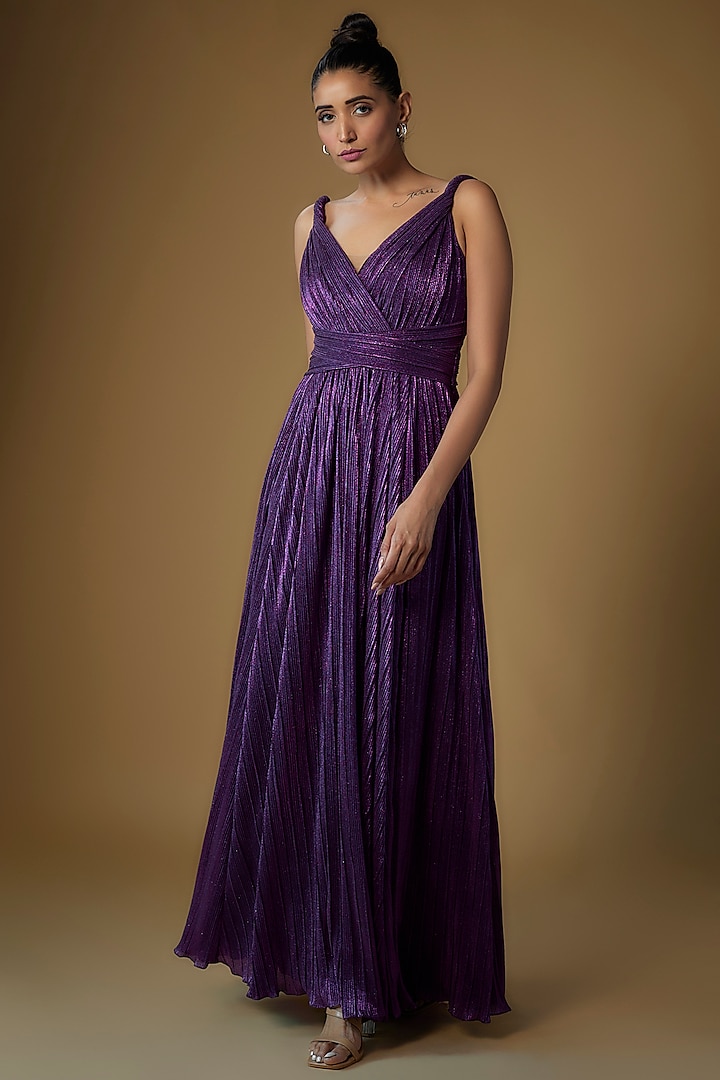 Purple Micro-Pleated Shimmer Gown by Sharnita Nandwana