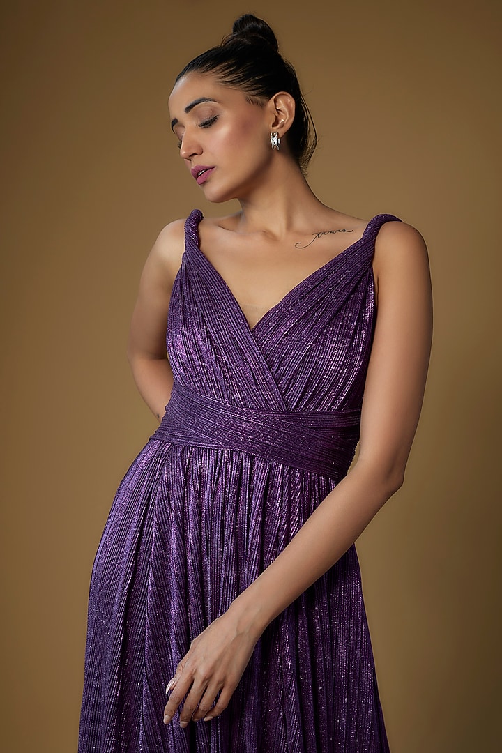 Purple Micro-Pleated Shimmer Engagement Gown by Sharnita Nandwana at Pernia's Pop Up Shop