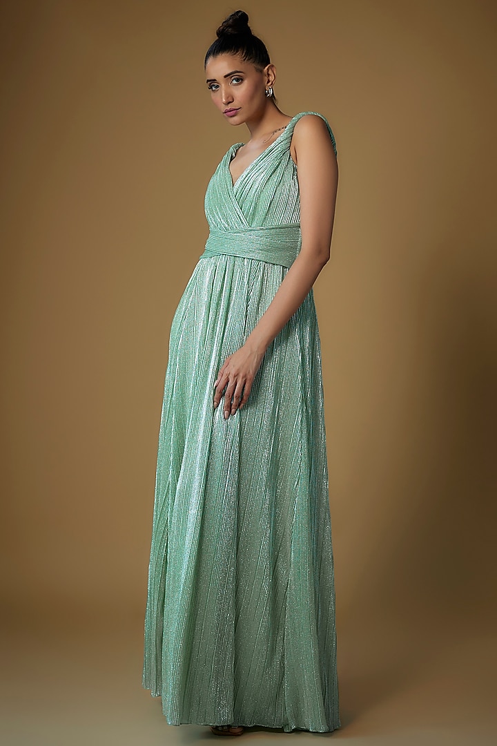 Green Micro-Pleated Shimmer Gown by Sharnita Nandwana