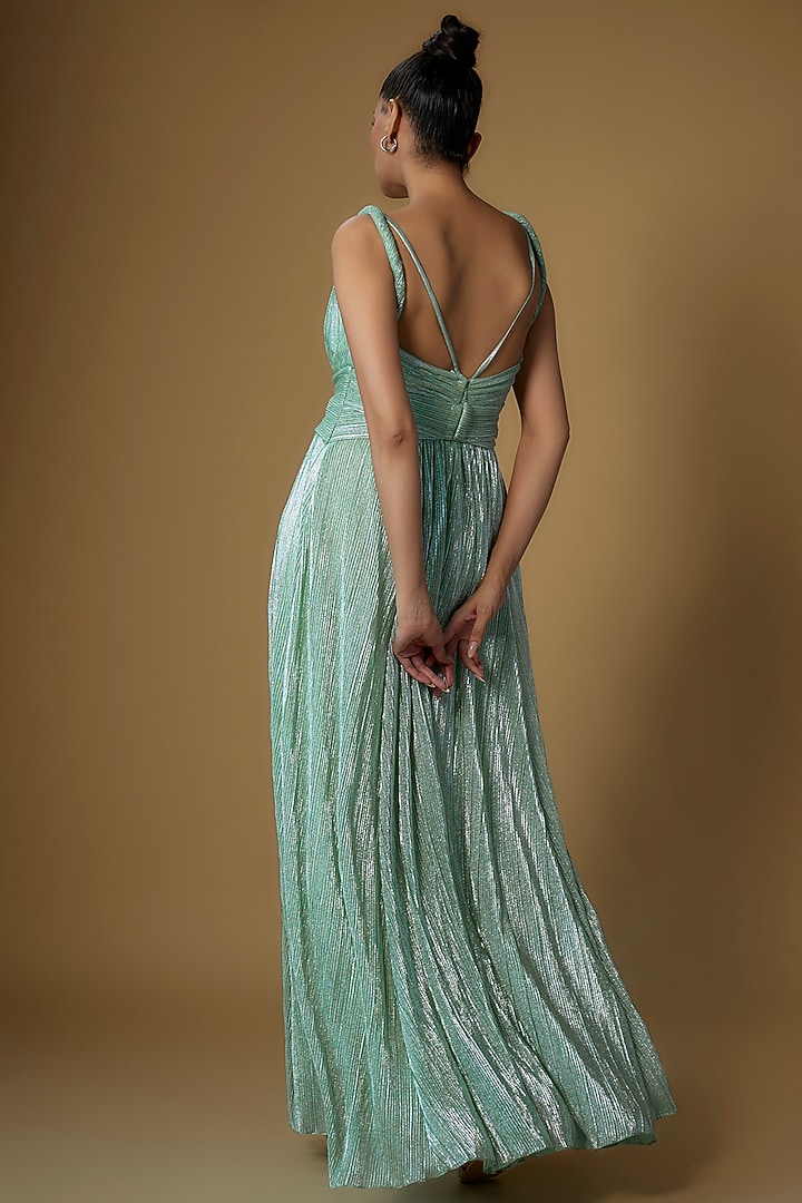 Green Micro-Pleated Shimmer Engagement Gown by Sharnita Nandwana at Pernia's Pop Up Shop