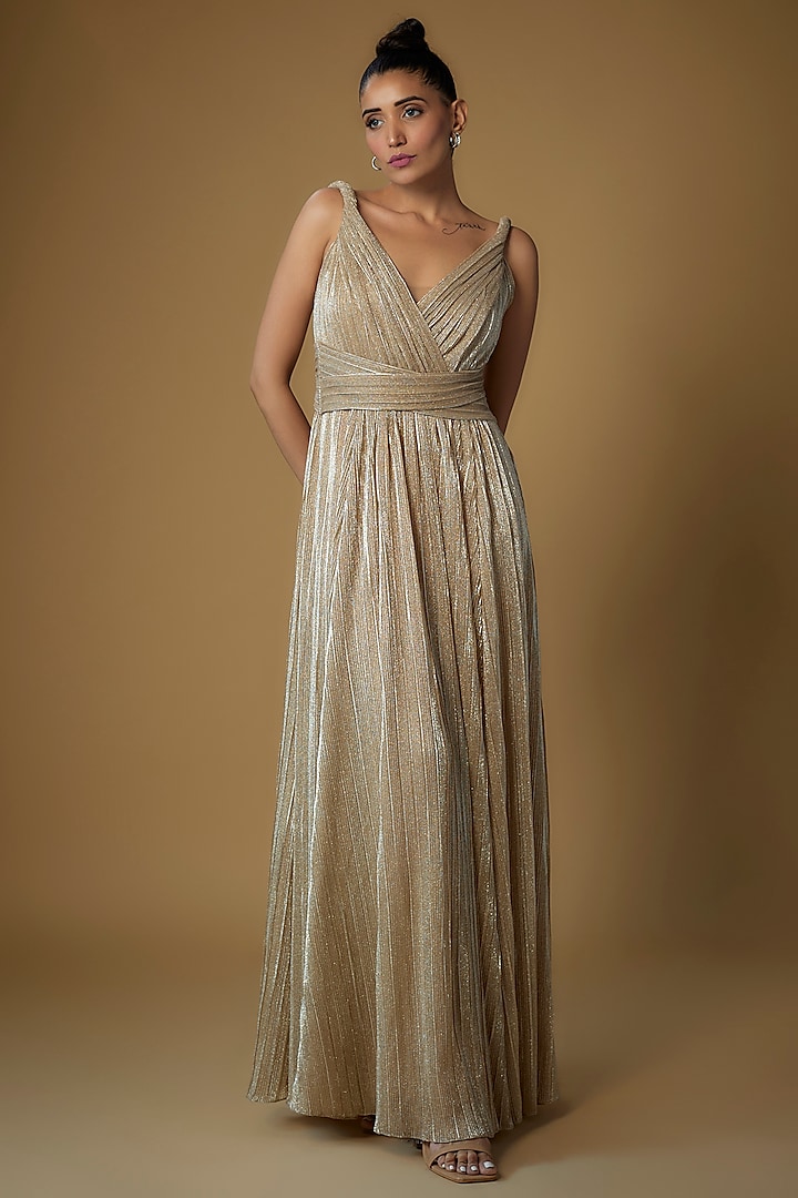 Gold Micro-Pleated Shimmer Gown by Sharnita Nandwana