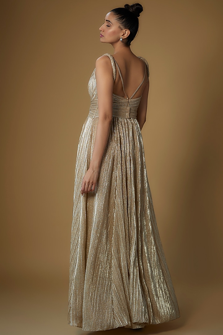 Gold Micro-Pleated Shimmer Engagement Gown by Sharnita Nandwana at Pernia's Pop Up Shop