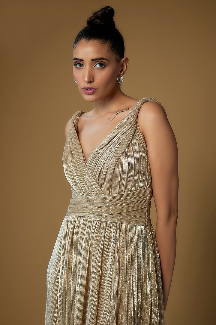 Gold Micro-Pleated Shimmer Engagement Gown by Sharnita Nandwana at Pernia's Pop Up Shop