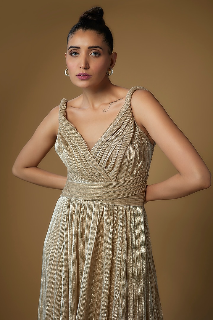 Gold Micro-Pleated Shimmer Engagement Gown by Sharnita Nandwana at Pernia's Pop Up Shop