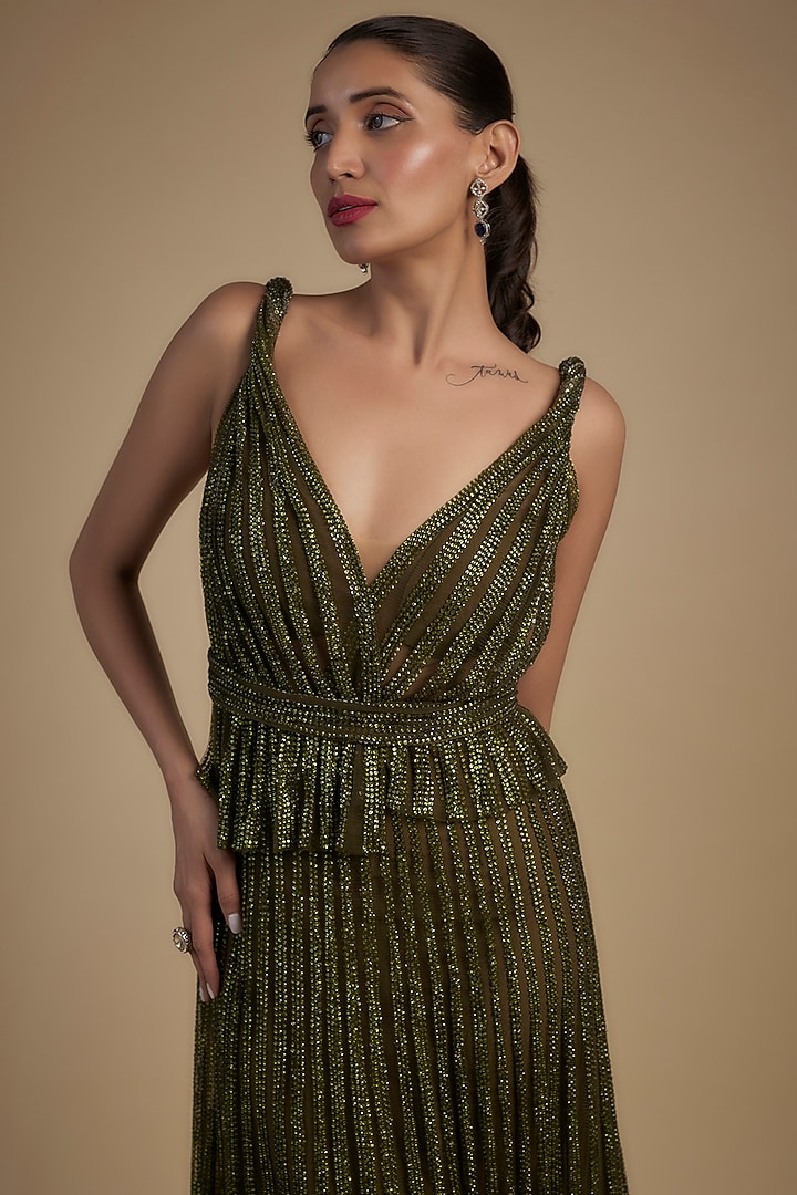 Green Tulle Crystal Hand Embellished Peplum Bridal Gown by Sharnita Nandwana at Pernia's Pop Up Shop