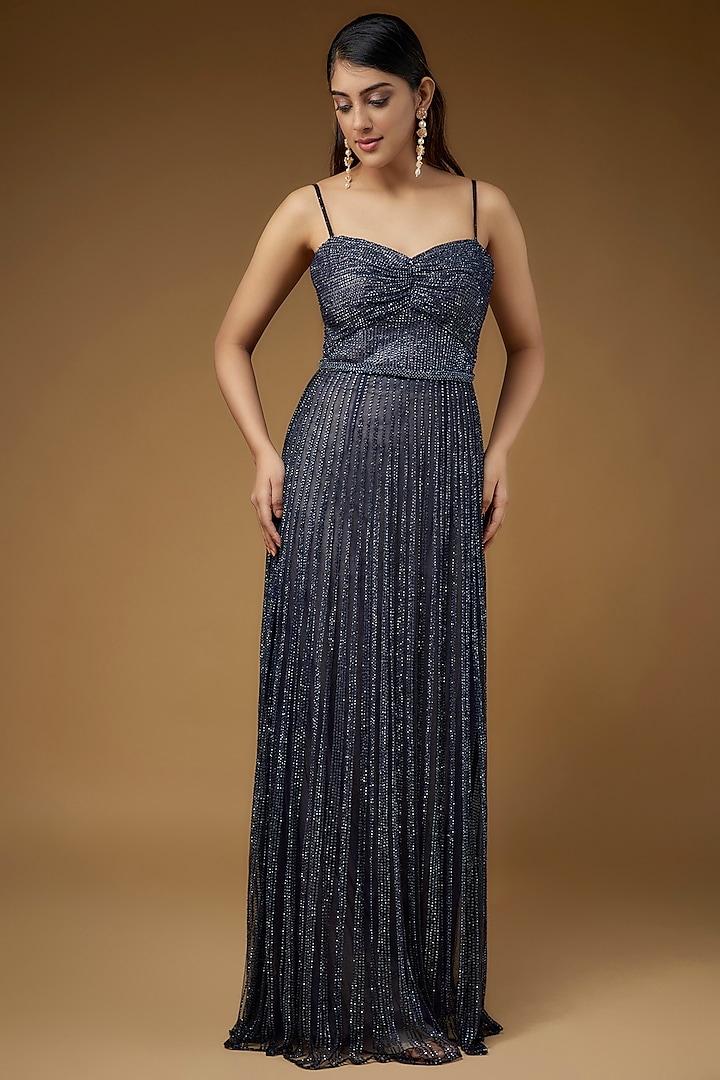 Blue Tulle Hand Embellished Bridal Gown by Sharnita Nandwana at Pernia's Pop Up Shop