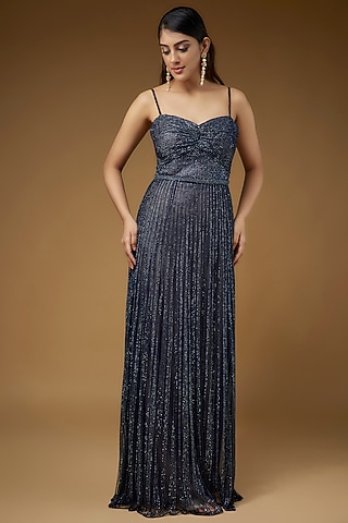 Blue Tulle Hand Embellished Gown by Sharnita Nandwana