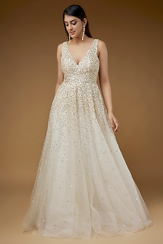 Ivory Tulle Hand Embroidered Gown by Sharnita Nandwana