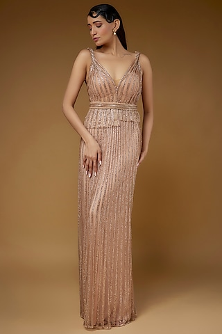 Pink Tulle Hand Embellished Gown by Sharnita Nandwana