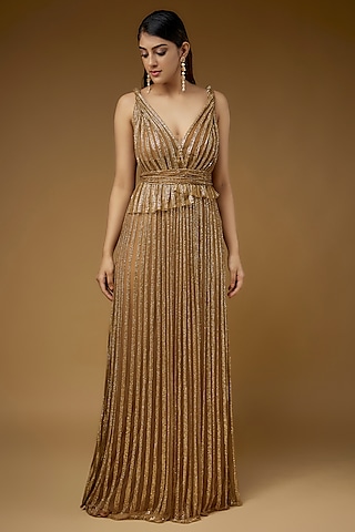Gold Tulle Hand Embellished Gown by Sharnita Nandwana