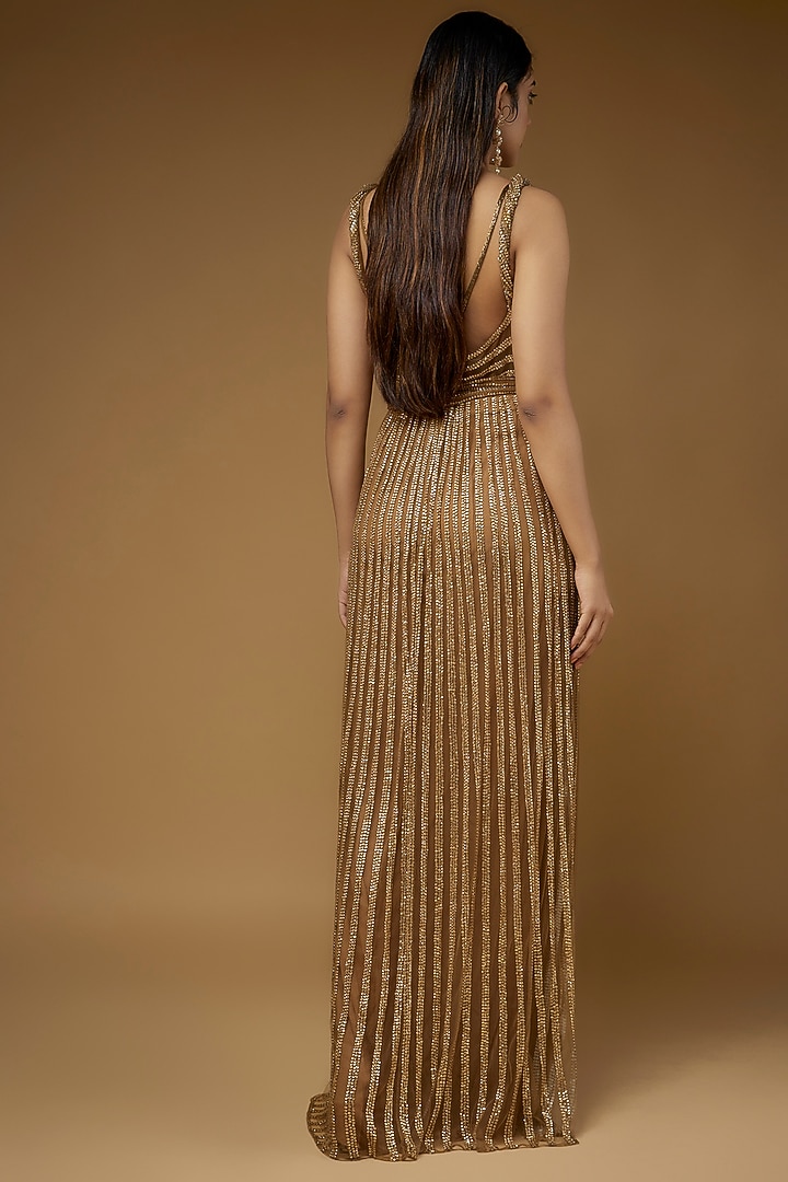 Gold Tulle Hand Embellished Bridal Gown by Sharnita Nandwana at Pernia's Pop Up Shop