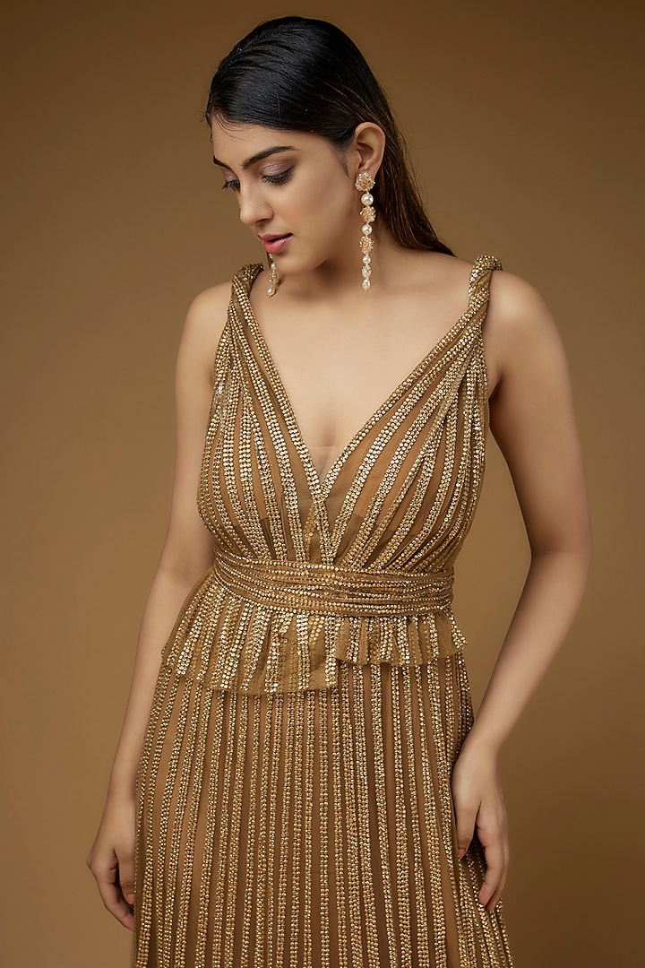Gold Tulle Hand Embellished Bridal Gown by Sharnita Nandwana at Pernia's Pop Up Shop