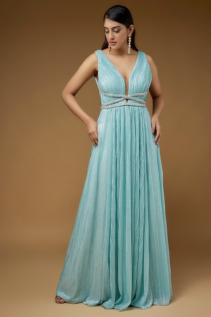 Blue Micro Pleated Lame Embroidered Gown by Sharnita Nandwana
