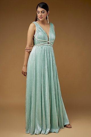 Blue Micro Pleated Lame Embroidered Gown by Sharnita Nandwana