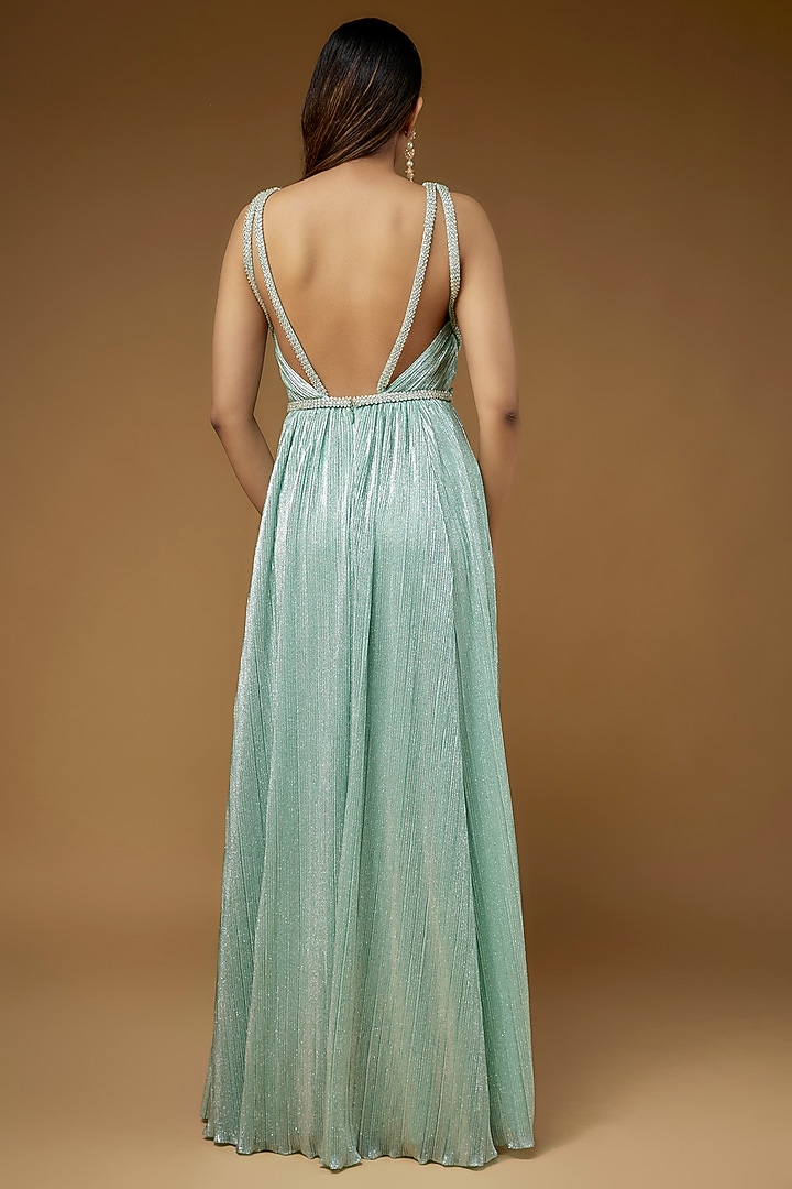 Blue Micro Pleated Lame Embroidered Engagement Gown by Sharnita Nandwana at Pernia's Pop Up Shop