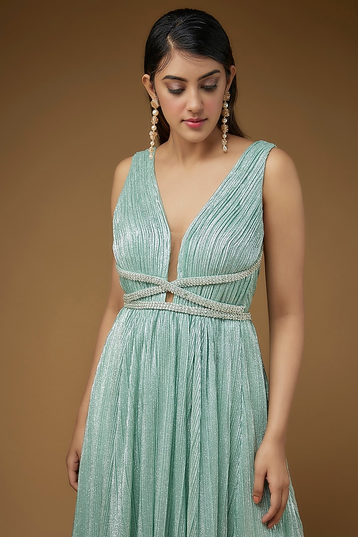 Blue Micro Pleated Lame Embroidered Engagement Gown by Sharnita Nandwana at Pernia's Pop Up Shop