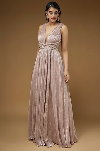 Pink Micro Pleated Lame Embroidered Gown by Sharnita Nandwana
