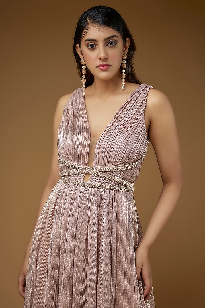 Pink Micro Pleated Lame Embroidered Engagement Gown by Sharnita Nandwana at Pernia's Pop Up Shop