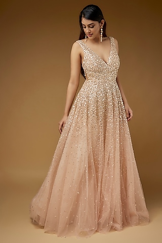 Pink Tulle Hand Embroidered Gown by Sharnita Nandwana