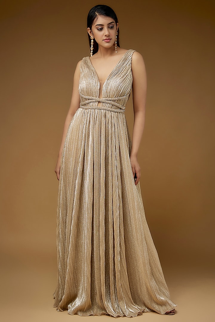 Beige Micro Pleated Lame Embroidered Gown by Sharnita Nandwana