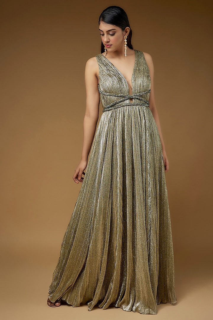Green Micro Pleated Lame Embroidered Gown by Sharnita Nandwana
