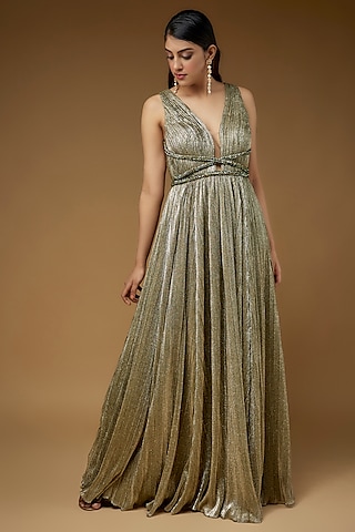 Green Micro Pleated Lame Embroidered Gown by Sharnita Nandwana