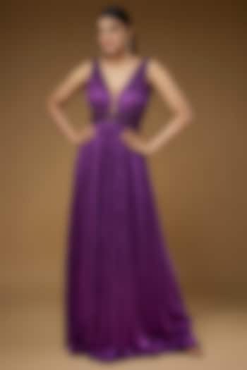 Purple Micro Pleated Lame Embroidered Gown by Sharnita Nandwana
