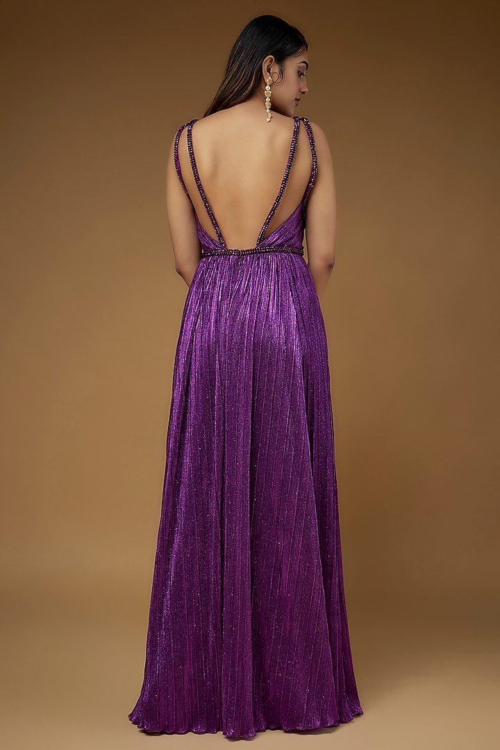 Purple Micro Pleated Lame Embroidered Engagement Gown by Sharnita Nandwana at Pernia's Pop Up Shop