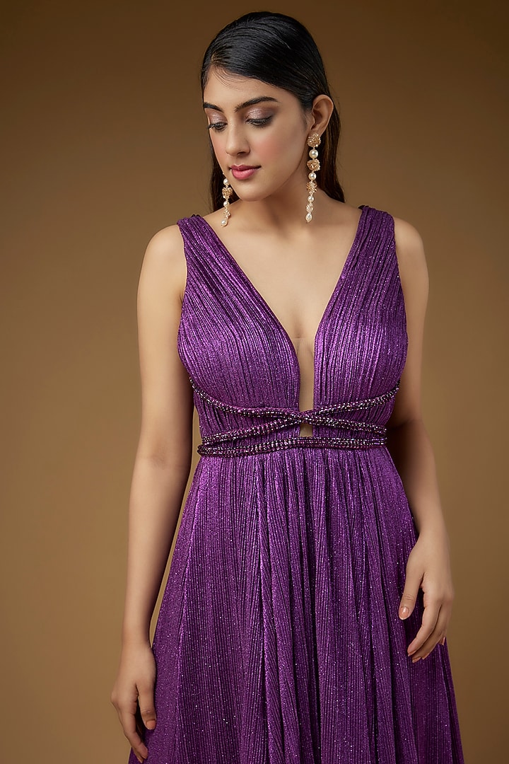 Purple Micro Pleated Lame Embroidered Engagement Gown by Sharnita Nandwana at Pernia's Pop Up Shop