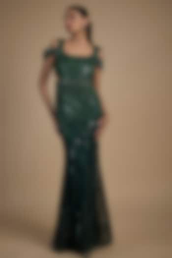 Forest Green Tulle Beads Hand Embellished Mermaid Gown by Sharnita Nandwana