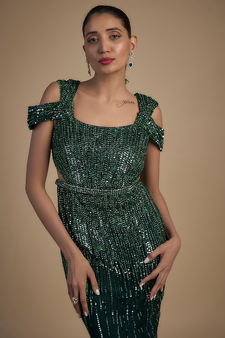 Forest Green Tulle Beads Hand Embellished Mermaid Bridal Gown by Sharnita Nandwana at Pernia's Pop Up Shop
