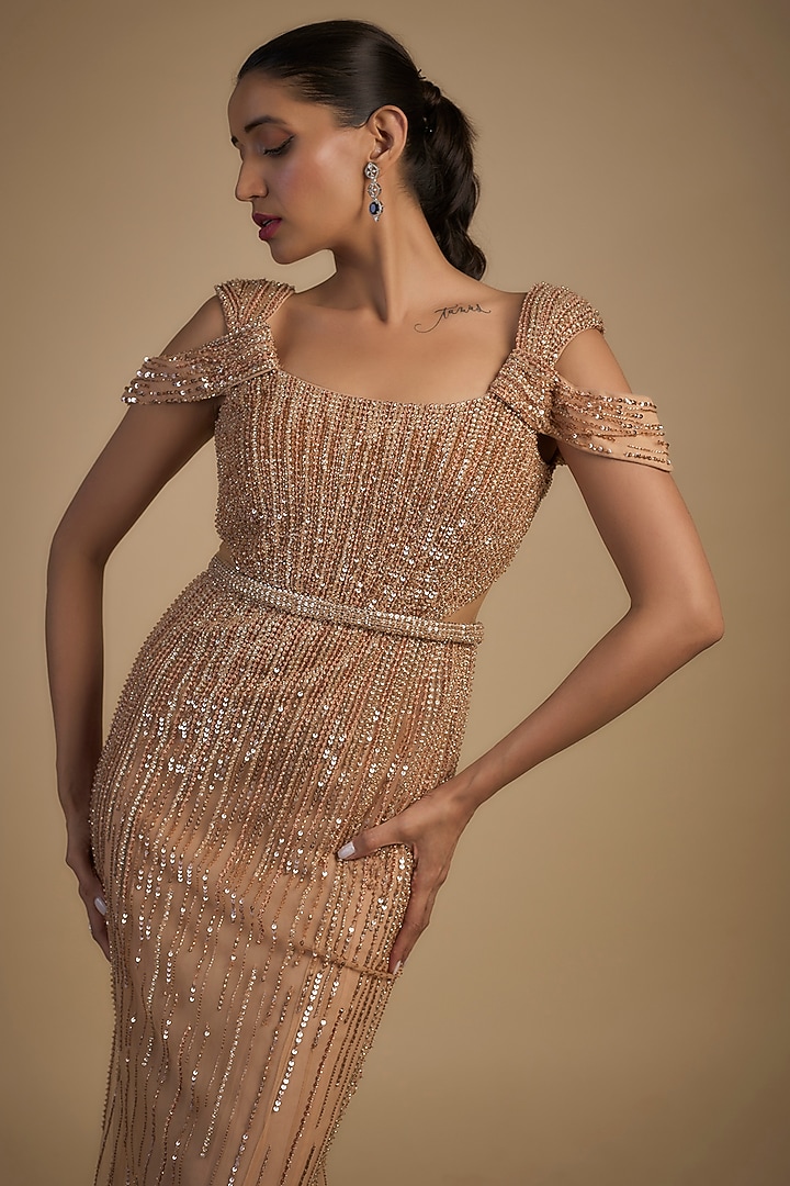 Rose Gold Tulle Beads Hand Embellished Mermaid Bridal Gown by Sharnita Nandwana at Pernia's Pop Up Shop