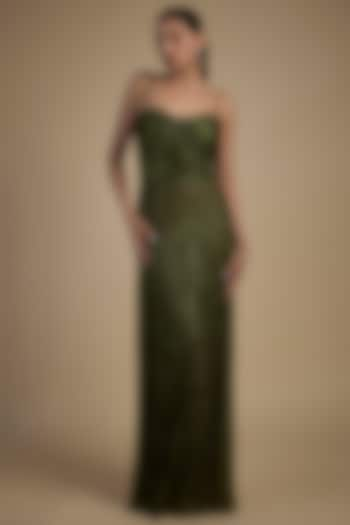 Green Tulle Crystal Hand Embellished Gown by Sharnita Nandwana at Pernia's Pop Up Shop