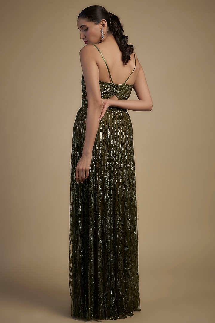 Green Tulle Crystal Hand Embellished Bridal Gown by Sharnita Nandwana at Pernia's Pop Up Shop