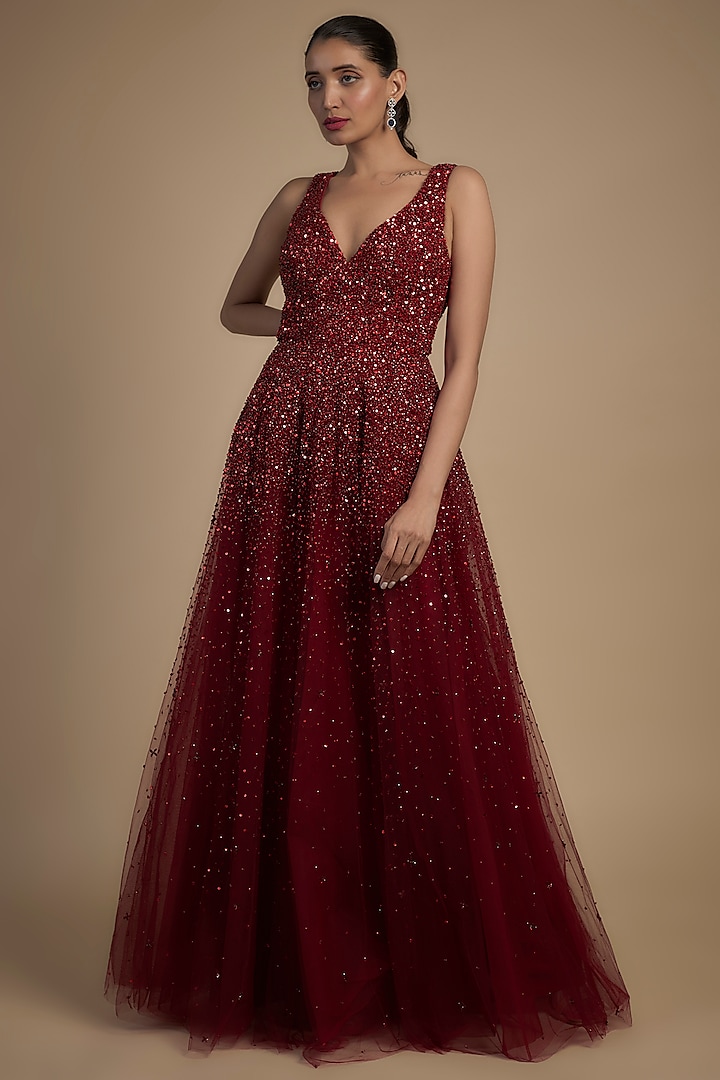 Red Tulle Beads Hand Embroidered Ball Gown by Sharnita Nandwana