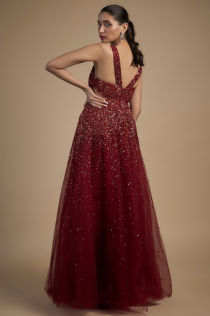 Red Tulle Beads Hand Embroidered Ball Bridal Gown by Sharnita Nandwana at Pernia's Pop Up Shop