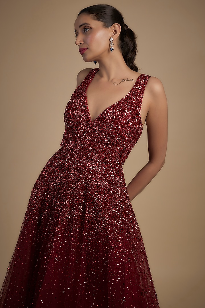 Red Tulle Beads Hand Embroidered Ball Bridal Gown by Sharnita Nandwana at Pernia's Pop Up Shop