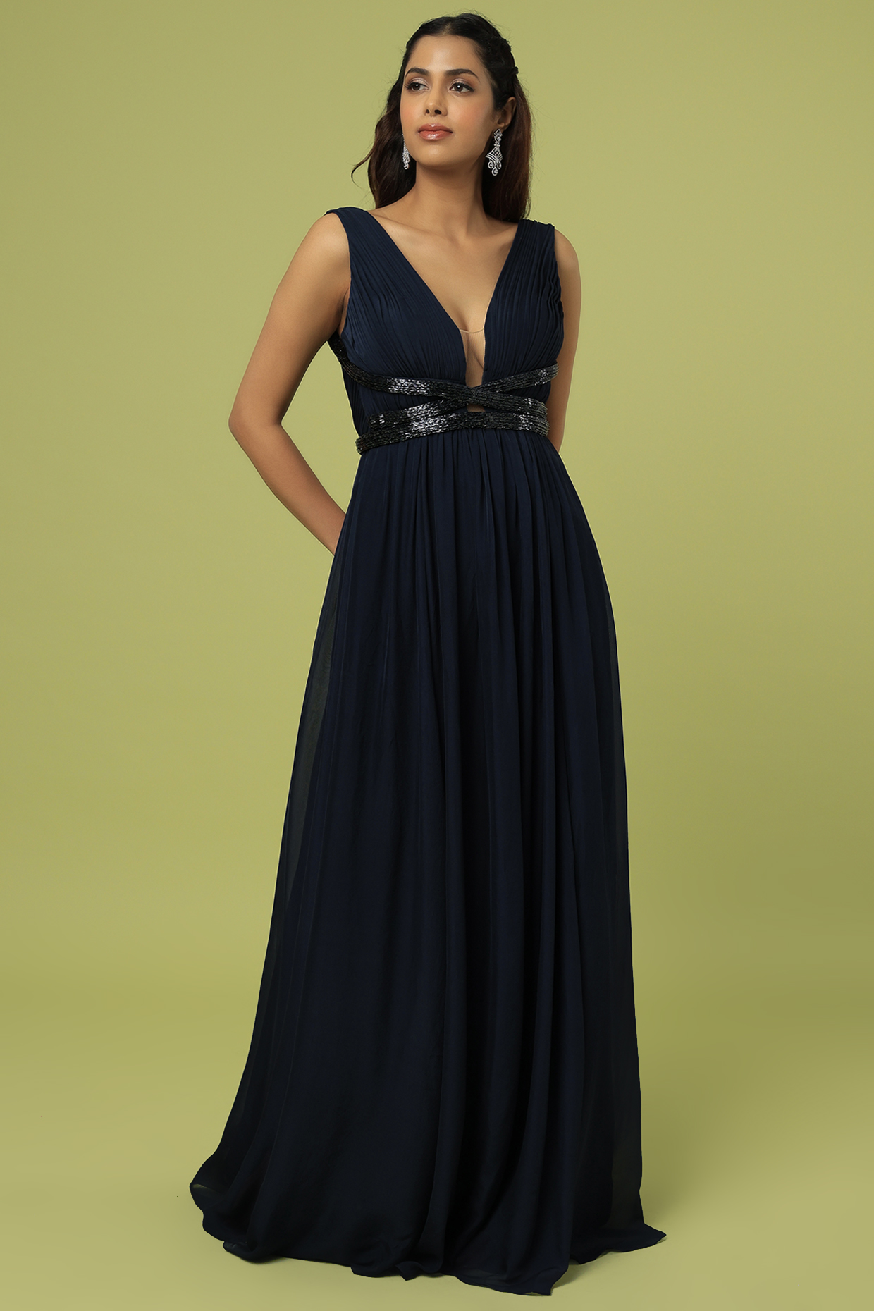 Navy Blue Chiffon Draped Gown by Sharnita Nandwana