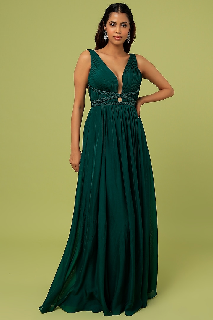 Bottle Green Embroidered Gown by Sharnita Nandwana