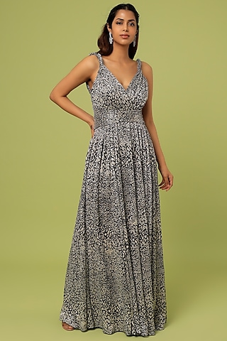 Black & White Printed Draped Gown by Sharnita Nandwana